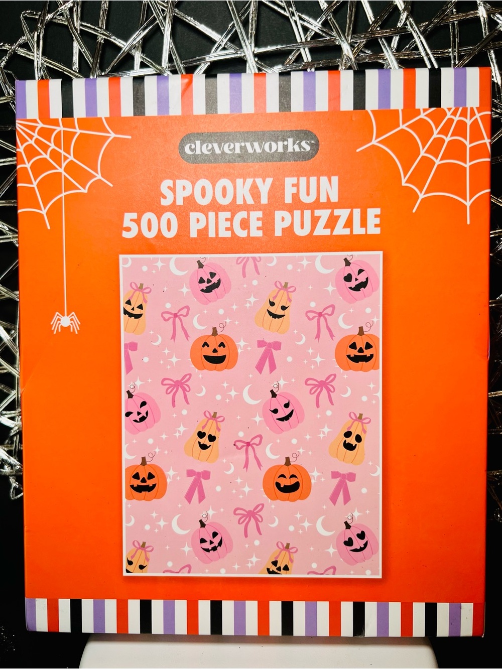 Halloween Spooky Fun 500-Piece Puzzle Pink & Orange Pumpkins Ribbon Bows Moon